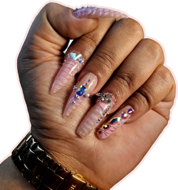 hand with pink snake skin pattern and gucci nail art